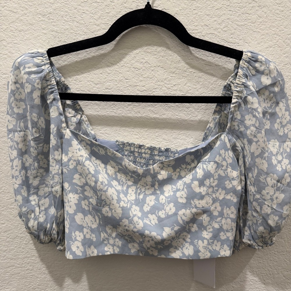Reformation Women Light Blue Floral Puff Sleeve Smocked Crop Top Size 4